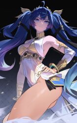 1girl absurdres ahoge ancient_greek_clothes ass bare_shoulders black_skirt blue_eyes blue_hair breasts closed_mouth commentary cowboy_shot from_side gold_bra greco-roman_clothes hand_on_own_hip head_wreath highres iuno_(wuthering_waves) long_hair looking_at_viewer medium_breasts pedrost_art showgirl_skirt skirt solo thighs twintails wuthering_waves