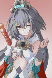 1girl absurdres aqua_skirt arm_armor bare_shoulders berrypheasant_skewer_(honkai:_star_rail) bracelet chinese_clothes chinese_commentary clenched_hand closed_mouth clothing_cutout commentary_request evzeva fingernails gold_bracelet gradient_background grey_hair hair_between_eyes hair_ornament hands_up headpiece highres holding holding_skewer honkai:_star_rail honkai_(series) jewelry long_hair looking_at_viewer low_twintails nail_polish one_eye_closed red_background red_nails short_sleeves simple_background skewer skirt smile solo standing tanghulu tank_top tassel twintails white_background white_sleeves white_tank_top yellow_eyes yunli_(honkai:_star_rail)