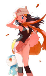 1girl ;d absurdres bag beanie black_hair blue_eyes boots bracelet clothes_lift commentary_request commission dawn_(pokemon) duffel_bag eyelashes falling_leaves floating_scarf gen_4_pokemon hair_ornament hairclip hat highres implied_nopan jewelry leaf long_hair looking_down nintendo no_panties one_eye_closed open_mouth over-kneehighs pink_boots piplup pixiv_commission pokemon pokemon_(creature) pokemon_dppt scarf skirt skirt_lift smile thighhighs tongue u4_99384295 white_background white_hat wind wind_lift yellow_bag
