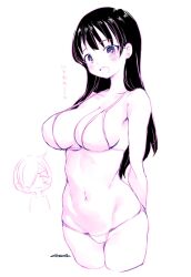 Rule 34 | 1boy, 1girl, arms behind back, bikini, blush, boku no kokoro no yabai yatsu, breasts, chibi, cleavage, collarbone, cropped legs, highres, ichikawa kyoutarou, long hair, looking at viewer, lowleg, lowleg bikini, medium breasts, micro bikini, monochrome, mudou eichi, navel, open mouth, purple theme, short hair, simple background, swimsuit, white background, yamada anna