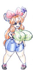 1girl absurdres ankle_bow ankle_ribbon bow breast_expansion breasts brown_hair brown_shoes clenched_hands covered_erect_nipples denim denim_shorts dot_nose fang full_body green_shirt hair_bow hand_on_own_hip highres horn_bow horn_ornament horns huge_breasts ibuki_suika leg_ribbon long_hair looking_at_viewer midriff navel open_mouth orange_eyes orange_hair pocket purple_bow red_bow ribbon scan scan_artifacts shirt shoes short_sleeves shorts simple_background smile smirk socks solo teeth thatartistann thick_thighs thighs touhou traditional_media white_background white_socks