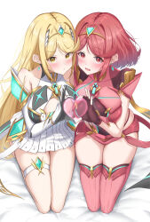 2girls absurdres blonde_hair blush bob_cut breasts cleavage_cutout clothing_cutout commentary_request core_crystal_(xenoblade) dress earrings elbow_gloves fingerless_gloves gloves heart heart_hands heart_hands_duo heart_in_heart_hands highres impossible_clothes jewelry large_breasts long_hair looking_at_viewer multiple_girls mythra_(xenoblade) okazu2010015 parted_lips pout pyra_(xenoblade) red_gloves red_hair red_shorts red_thighhighs seiza short_dress short_hair short_shorts shorts sidelocks sitting sleeveless sleeveless_dress smile swept_bangs thigh_strap thighhighs thighs tiara white_dress white_gloves xenoblade_chronicles_(series) xenoblade_chronicles_2 yellow_eyes