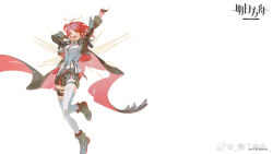 1girl :d antenna_hair arknights arms_up artist_name black_boots black_jacket black_shorts boots breasts chinese_commentary commentary_request copyright_name cropped_jacket dress exusiai_the_new_covenant_(arknights) halo highres jacket jumping medium_breasts medium_hair official_art one_side_up open_clothes open_jacket open_mouth red_eyes red_hair shorts shule_de_yu simple_background smile solo thigh_strap thighhighs three-quarter_sleeves white_background white_dress white_thighhighs wide_sleeves wings