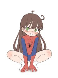 Rule 34 | 1girl, bare legs, blush, brown hair, female focus, full body, green eyes, highres, kneeling, leotard, long hair, long sleeves, looking at viewer, marvel, original, qtkat, simple background, smile, socks, solo, spider-man (series), spread legs, superhero costume, teeth, thighs, tiptoes, white background, white socks
