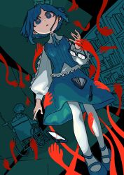 Rule 34 | 1boy, 1girl, absurdres, aqua pupils, aruun, blue eyes, blue hair, blue ribbon, blue skirt, blue vest, bookshelf, cellphone, collared shirt, commentary request, disembodied hand, dropping, dutch angle, fluorescent lamp, fukurai azami, full body, ghost hands, glasses, hallway, highres, indoors, looking at viewer, mary janes, meguriya ayumu, multicolored eyes, neck ribbon, no sclera, notebook, pantyhose, parted lips, pen, phone, red eyes, ribbon, shirt, shoes, short hair, skirt, smartphone, solo focus, standing, toshi densetsu kaitai center, unworn eyewear, vest, walking, wheelchair, white pantyhose, white shirt, wide-eyed