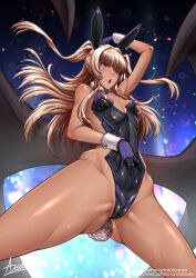 1girl :o adsouto anal anal_beads anal_object_insertion anal_tail animal_ears arm_up ass blonde_hair blue_eyes breasts butt_plug dark-skinned_female dark_skin demon_girl demon_wings fake_animal_ears fake_tail futaba_lili_ramses gluteal_fold hand_on_own_stomach highres long_hair low_wings nontraditional_playboy_bunny object_insertion rabbit_ears rabbit_tail sex_toy signature small_breasts solo tail taimanin_(series) taimanin_rpgx tentacle_and_witches two_side_up wings