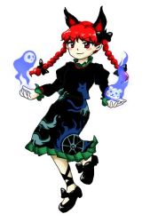 1girl amaho_yarou animal_ears black_bow black_dress black_footwear black_ribbon blue_fire blush blush_stickers bow braid cat_ears dress extra_ears fire flaming_skull floating_skull ghost green_dress hitodama holding holding_skull kaenbyou_rin leg_ribbon multiple_tails otter otter_spirit_(touhou) pointy_ears puffy_sleeves red_eyes red_hair ribbon simple_background skull smile tail touhou twin_braids two_tails wheel whiskers white_background zun_(style)