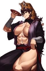 1girl abs absurdres alcohol animal animal_on_head bandaged_wrist bandages black_robe breasts brown_hair center_opening cheonak_(mutageniccrow) commission cup highres huge_breasts kneeling muscular muscular_female on_head open_clothes open_robe original pouring pouring_onto_self red_sash robe sakazuki sake sash scar scar_on_breasts second-party_source solo sotcho thick_thighs thighs tiger white_background