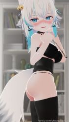 1girl 3d animal_ears ass bell black_bra black_leggings black_panties black_thighhighs blue_eyes blue_hair blush book bookshelf bra braid chain chain_leash collar corset fangs fox_ears fox_girl fox_tail hair_bell hair_ornament indie_virtual_youtuber jingle_bell leash leggings looking_at_viewer open_mouth panties short_hair side_braid smile standing tail thighhighs underwear virtual_youtuber vtuberfunfun white_hair x_hair_ornament