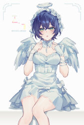 Rule 34 | 1girl, absurdres, belle (zenless zone zero), blue hair, blush, bow, breasts, ccxvi 201116, cleavage, cowboy shot, crossed bangs, dress, fake wings, fingerless gloves, gloves, green eyes, halo, highres, looking at viewer, official alternate costume, short hair, short sleeves, sitting, white bow, white dress, white gloves, white halo, white wings, wings, zenless zone zero