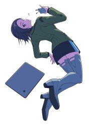 1girl absurdres black_hair boots forehead gundam gundam_gquuuuuux highres holding jacket komori_harcourt long_sleeves military military_uniform mole mole_under_eye open_mouth parted_bangs shirt short_hair simple_background skirt somasoutaro tablet_pc white_background