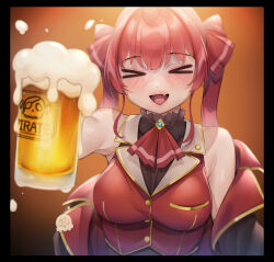 &gt;_&lt; 1girl ascot bababababan beer_mug black_choker black_leotard blush breasts brooch choker closed_eyes cropped_vest cup fang frilled_choker frills heart heterochromia highres holding holding_cup hololive houshou_marine houshou_marine_(1st_costume) jewelry large_breasts leotard leotard_under_clothes long_hair mug open_mouth red_ascot red_eyes red_hair red_skirt red_vest skin_fang skirt solo twintails vest virtual_youtuber