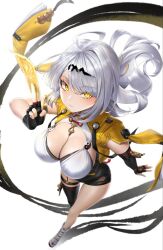 1girl ahoge asymmetrical_gloves black_thighhighs breasts cleavage fingerless_gloves gloves high-waist_shorts holding_ofuda jacket large_breasts long_hair mole mole_on_breast shorts single_hair_intake single_thighhigh sunkilow thighhighs uneven_gloves white_hair yellow_eyes yellow_jacket yin_yang_pin yixuan_(zenless_zone_zero) zenless_zone_zero