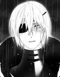 Rule 34 | 1boy, armor, breastplate, commentary request, dimitri alexandre blaiddyd, dimitri alexandre blaiddyd (timeskip), dot nose, exhausted, eyepatch, fire emblem, fire emblem: three houses, hair between eyes, korean commentary, male focus, medium hair, nintendo, one eye covered, parted lips, partially shaded face, portrait, rain, sad, solo, storm, supi 002, teeth, upper body, wet, wet hair
