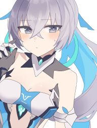 Rule 34 | 1girl, bare shoulders, blue hair, blush, breasts, bronya zaychik, bronya zaychik (herrscher of truth), cleavage, colored sclera, commentary request, crossed bangs, dress, gloves, grey eyes, grey hair, h2o omizu, hair between eyes, highres, honkai (series), honkai impact 3rd, multicolored hair, pink pupils, small sweatdrop, solo, strapless, strapless dress, two-tone hair, upper body, white dress