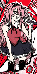 :d black_hairband black_skirt black_souls black_souls_2 black_thighhighs breasts bright_pupils collar frilled_skirt frills hairband hand_on_own_thigh highres holding holding_microphone long_hair looking_to_the_side medium_breasts microphone microphone_stand music open_mouth outline pink_eyes pink_hair prickett_(black_souls) singing skirt sleeveless smile teeth thighhighs upper_teeth_only user_ajkx8745 very_long_hair white_outline white_pupils zettai_ryouiki