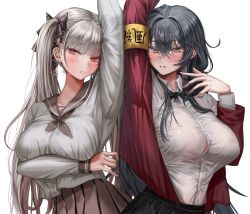 2girls absurdres alternate_costume arm_under_breasts arm_up armband azur_lane black_hair blush breasts formidable_(azur_lane) glasses grey_hair highres jacket large_breasts long_hair multiple_girls nompang official_alternate_costume official_alternate_hairstyle school_uniform skirt taihou_(azur_lane) taihou_(sweet_time_after_school)_(azur_lane) twintails very_long_hair yellow_armband