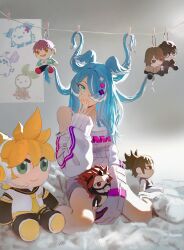 Rule 34 | 1girl, absurdres, aloupeep (enna alouette), aqua eyes, blue hair, character doll, character request, clothesline, covering own mouth, doll, elira pendora, elira pendora (1st costume), gloves, hair intakes, hair over one eye, hand over own mouth, head wings, highres, kagamine len, kirishima eijirou, light smile, long hair, long sleeves, looking at viewer, mocomiliano, nijisanji, nijisanji en, off-shoulder sweater, off shoulder, single bare shoulder, single glove, sitting, sleeves past wrists, sweater, virtual youtuber, wariza, weewa (elira pendora), wings