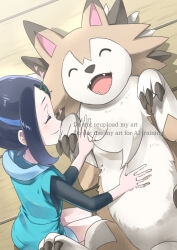 1girl black_hair black_shirt closed_eyes closed_mouth commentary_request gen_7_pokemon green_vest hair_ornament hairclip happy hood hood_down hooded_vest hoodie liko_(pokemon) lycanroc lycanroc_(midday) morisawa_machi nintendo petting pokemon pokemon_(anime) pokemon_(creature) pokemon_horizons shirt shorts sidelocks sitting smile vest watermark wooden_floor