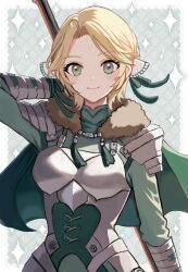1girl blonde_hair cape dress fire_emblem fire_emblem:_three_houses fur_trim green_dress green_eyes hair_ribbon highres holding holding_polearm holding_weapon ingrid_brandl_galatea ingrid_brandl_galatea_(timeskip) knight lance nintendo polearm ribbon solo weapon yuurururun