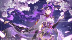 1girl armor back_bow black_panties blunt_bangs bow braid bridal_gauntlets cherry_blossoms chinese_commentary closed_mouth clothing_cutout falling_petals floating flower from_side genshin_impact hair_ornament japanese_clothes kimono long_braid long_hair looking_at_object low-tied_long_hair mitsudomoe_(shape) mole mole_under_eye neck_ribbon night night_sky off_shoulder outdoors panties petals purple_background purple_eyes purple_hair purple_kimono raiden_shogun red_ribbon red_sash ribbon sash shoulder_armor shoulder_cutout single_braid sky solo standing thighhighs tomoe_(symbol) tree underwear watermark wide_sleeves xinjinjumin571457544580