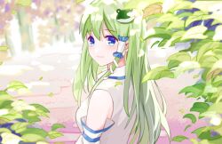 1girl :| blue_eyes closed_mouth commentary detached_sleeves expressionless frilled_hair_tubes frills frog_hair_ornament green_hair hair_between_eyes hair_ornament hair_tubes highres kochiya_sanae leaf long_hair looking_at_viewer looking_back shirt single_hair_tube sleeveless sleeveless_shirt snake_hair_ornament solo touhou upper_body white_shirt white_sleeves youren_ljun