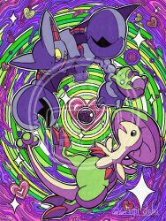 2others breloom clamps claws debudebumetabo fangs floating full_body gameplay_mechanics gen_3_pokemon gen_4_pokemon gen_6_pokemon gliscor green_background heart_(symbol) highres multiple_others nintendo no_humans poison pokemon psychedelic purple_background signature solo spinning striped_background substitute_(pokemon) tail toxic_orb wings yellow_eyes