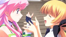 2girls :o bandeau bare_shoulders black_bandeau black_bow black_gloves black_ribbon blonde_hair blood_tune blurry blurry_background bow bowtie chaos;head chaos;head_love_chu_chu! collared_shirt costume detached_sleeves earrings fingerless_gloves fingernails from_side game_cg gift gloves hair_bow hair_ribbon hat holding_hands jewelry light_blush long_hair looking_at_hands magical_girl matsuo_yukihiro multiple_girls necktie official_art open_mouth orihara_kozue pink_hair pink_lips pinky_out plaid_bow plaid_bowtie plaid_clothes purple_bow purple_bowtie purple_eyes purple_shirt purple_trim red_necktie ribbon ring school_uniform seira_orgel shiny_eyes shiny_lips shiny_skin shirt short_sleeves standing suimei_academy suimei_school_uniform suimei_summer_uniform tongue twintails white_hat white_shirt