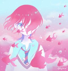 1girl amate_yuzuriha aqua_eyes aynp0119 blue_sky bubble cloud collared_shirt fish flying_fish goldfish gradient_sky gundam gundam_gquuuuuux hair_over_one_eye highres looking_at_viewer medium_hair multicolored_hair necktie pink_sky purple_hair red_hair school_uniform shirt sky sparkle sweater two-tone_hair upper_body