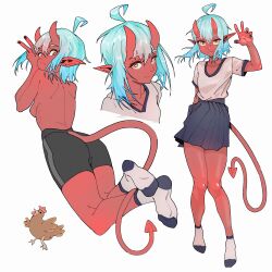 1girl absurdres ahoge ass bare_legs bike_shorts bird black_nails blue_hair blue_skirt borrowed_character breasts chicken colored_skin commentary demon_girl demon_tail hair_between_horns highres horns long_pointy_ears looking_at_viewer medium_breasts multiple_views mydarksideart nail_polish orange_eyes original pleated_skirt pointy_ears red_skin shirt short_hair short_sleeves shoulder_blades simple_background skin-covered_horns skirt smile socks t-shirt tail topless_female v white_background
