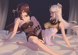 2girls absurdres artist_name bare_arms bare_shoulders barefoot beidou_(genshin_impact) black_panties breasts brown_dress brown_hair commentary covered_erect_nipples dress english_commentary fizzymoonlight genshin_impact hair_ornament hairpin heart highres large_breasts long_hair multiple_girls ningguang_(genshin_impact) open_mouth panties red_eyes sleeveless sleeveless_dress smile strapless strapless_dress toes tribadism underwear white_dress white_hair yuri