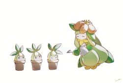 closed_eyes colored_skin creatures_(company) crown emf_ru emofuru_(vktd5442) evolutionary_line flower_pot game_freak gen_5_pokemon green_hair highres leaf lilligant monster_girl nintendo orange_eyes petilil plant_girl pokemon pokemon_(creature) signature water watering_can white_background white_skin