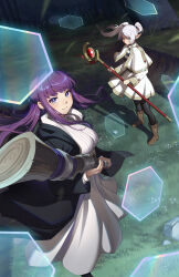 Rule 34 | 2girls, blunt bangs, breasts, capelet, closed mouth, dress, earrings, elf, fern (sousou no frieren), frieren, green eyes, holding, holding staff, jewelry, kaijuicery, large breasts, long hair, long sleeves, looking at viewer, mage staff, multiple girls, parted bangs, pointy ears, purple eyes, purple hair, robe, serious, sidelocks, small breasts, sousou no frieren, staff, straight hair, twintails, white capelet, white dress, white hair