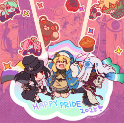 1other 2025 2boys 3girls :d ^_^ androgyne_symbol artist_name belt black_gloves black_hair black_hat blue_eyes blue_jacket blush_stickers bridget_(guilty_gear) chibi closed_eyes commentary dark-skinned_male dark_skin english_commentary english_text fingerless_gloves flag gay_male_pride_flag gloves guilty_gear guilty_gear_strive hair_between_eyes hair_over_one_eye hat highres holding holding_flag jacket jumping lgbt_pride long_hair looking_at_viewer medium_hair multiple_boys multiple_girls non-binary_flag open_mouth partially_unbuttoned paseritaberuman pectoral_cleavage pectorals pleated_skirt purple_shirt red_eyes robo-ky roger_(guilty_gear) shirt skirt skull_ornament smile succubus_familiar testament_(guilty_gear) top_hat transgender_flag trap twitter_username venom_(guilty_gear) yellow_shirt
