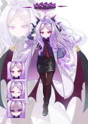 Rule 34 | 1girl, absurdres, ahoge, black halo, blue archive, breasts, demon girl, demon horns, demon wings, full body, halo, highres, hina (blue archive), horns, long hair, looking at viewer, necktie, purple eyes, qwamatono999, simple background, skirt, small breasts, solo, standing, very long hair, white hair, wings