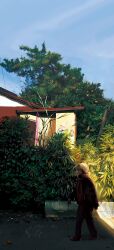 1girl blue_sky building bush cane chalk_drawing commentary day food from_side fruit highres holding holding_cane leaf mandarin_orange old old_woman original outdoors painterly pavement road sara_(srsrmrmr) scarf scenery sky solo sunlight tree village walking