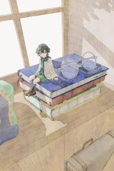 1boy absurdres black_hair book book_stack commentary_request fire_emblem fire_emblem_engage green_eyes highres jean_(fire_emblem) male_focus miniature nintendo short_hair smile toki_(xxxxxmoe1983oct) unworn_eyewear window