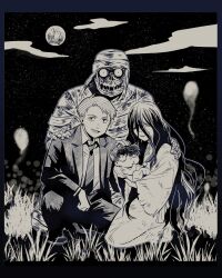 ._. 1girl 3boys baby carrying carrying_person commentary_request family father_and_son formal_clothes full_moon gegege_no_kitarou greyscale hand_on_another&#039;s_shoulder highres hitodama husband_and_wife iwako_(gegege_no_kitarou) kitarou kitarou_tanjou:_gegege_no_nazo kneeling matahei medama_oyaji mizuki_(gegege_no_kitarou) monochrome moon mother_and_son multiple_boys mummy night one-eyed outdoors scar scar_across_eye scar_on_face sitting smile squatting star_(sky) suit