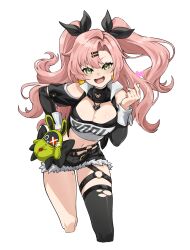 1girl amillion_(zenless_zone_zero) bangboo_(zenless_zone_zero) black_ribbon black_shorts breasts cleavage clothing_cutout crop_top cutoffs earrings finger_heart green_eyes hair_ornament hair_ribbon hairclip heart heart_earrings heart_necklace highres jewelry large_breasts long_hair looking_at_viewer micro_shorts midriff mole mole_on_breast mole_on_thigh mole_under_eye navel necklace nicole_demara pink_hair ribbon shorts shoulder_cutout single_thighhigh smile strapless thighhighs torn_clothes torn_thighhighs tube_top two_side_up wanwanlove white_tube_top zenless_zone_zero