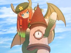 1girl analog_clock blue_sky braid clock cloud commentary day dragon_girl dragon_horns dragon_tail dragon_wings gradient_hair green_eyes green_hair green_hat green_scales green_tail hat hat_ornament hong_meiling horns long_hair looking_at_viewer monsterification multicolored_hair no_mouth nude outdoors red_hair shirosato sky solo star_(symbol) star_hat_ornament symbol-only_commentary tail touhou tower twin_braids very_long_hair wings