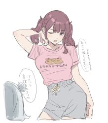 2girls blush breasts brown_hair cevio contrapposto cowboy_shot hand_in_own_hair highres koharu_rikka looking_at_viewer medium_breasts mole mole_under_eye multiple_girls natsuki_karin one_eye_closed open_mouth print_shirt shirt shorts simple_background solo_focus synthesizer_v t-shirt teshima_nari twintails wavy_hair white_background