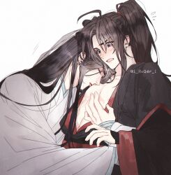 Rule 34 | 2boys, ahoge, bishounen, black hair, black hanfu, blush, chinese clothes, closed eyes, collarbone, flying sweatdrops, hand on another&#039;s chest, hanfu, high ponytail, highres, hug, kris yang, lan wangji, licking, licking nipple, long hair, long sleeves, looking at another, male focus, modao zushi, multiple boys, nipple stimulation, open clothes, open mouth, open robe, pectoral cleavage, pectoral grab, pectorals, ponytail, red sash, robe, sash, sidelocks, simple background, sleeves past wrists, sweatdrop, third-party source, tongue, tongue out, twitter username, upper body, wei wuxian, white background, white hanfu, wide sleeves, yaoi