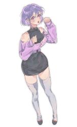1girl absurdres bang_dream! bang_dream!_it&#039;s_mygo!!!!! black_shoes black_skirt blush cardigan chinese_commentary commentary_request hair_between_eyes hand_up highres inumi_(780956) long_sleeves looking_at_viewer off_shoulder open_mouth pink_cardigan purple_eyes purple_hair shoes short_hair skirt solo thighhighs white_thighhighs yuutenji_nyamu