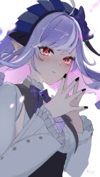 Rule 34 | 1girl, absurdres, artist name, black nails, blush, bow, bowtie, gem, hairband, highres, long hair, long sleeves, looking at viewer, mole, mole under eye, pointy ears, purple bow, purple bowtie, purple gemstone, purple hair, red eyes, sidelocks, signature, simple background, solo, steepled fingers, tumugi sunohara, upper body, vivian banshee, zenless zone zero