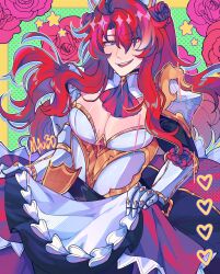1boy absurdres argenti_(honkai:_star_rail) armor armored_dress ascot blue_eyes boobplate breastplate cosplay crossdressing curtained_hair dress floral_background flower gauntlets genshin_impact hair_flower hair_ornament halftone halftone_background highres honkai:_star_rail honkai_(series) knight large_pectorals long_hair looking_at_viewer maid maid_headdress mauv30 mihoyo multicolored_eyes noelle_(genshin_impact) noelle_(genshin_impact)_(cosplay) pectoral_cleavage pectorals pink_flower pink_rose polka_dot polka_dot_background red_ascot red_flower red_hair red_petals red_rose rose shoulder_armor signature smile solo teeth trap two-tone_eyes upper_teeth_only white_armor
