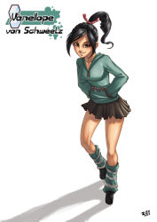 1girl aged_up black_hair breasts brown_eyes candy candy_cane character_name disney female_focus food hands_in_pocket hands_in_pockets highres hood hoodie image_sample irving-zero leg_warmers long_hair medium_breasts miniskirt ponytail skirt smile solo striped_legwear thighs vanellope_von_schweetz wreck-it_ralph