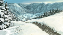 day highres landscape mountain no_humans original path road scenery sky snow town tree village winter you_(shimizu)