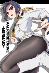 10s 1girl boots copyright_name epaulettes female_focus glasses knee_boots nonohachi open_mouth pantyhose red-framed_eyewear shadow shigure_kasumi short_hair skirt solo uniform valkyrie_drive valkyrie_drive_-mermaid- white_boots