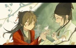 Rule 34 | 2boys, ^ ^, bandaged neck, bandages, black hair, black hanfu, black hat, blurry, blush, branch, brown hair, chinese clothes, chinese commentary, closed eyes, closed mouth, coat, dao gui yi xian, depth of field, falling petals, folded fan, folding fan, hair between eyes, hair bun, hair ribbon, half updo, hand fan, hand grab, hanfu, happy, hat, hat ribbon, highres, holding, holding fan, jin (headwear), letterboxed, li huowang, long hair, long sleeves, looking at another, male focus, mulberrybranch, multiple boys, open mouth, petals, red coat, red eyes, red ribbon, ribbon, single hair bun, smile, updo, upper body, white hanfu, wide sleeves, yaoi, zhouzi jin (headwear), zhuge yuan