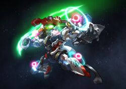 absurdres chibi chinese_commentary commentary_request energy_sword fighting_stance full_body glowing glowing_eyes gquuuuuux green_eyes gundam gundam_gquuuuuux highres holding holding_sword holding_weapon making-of_available mecha mecha_focus mobile_suit no_humans open_mouth outstretched_arms robot science_fiction sd_gundam solo space spread_arms star_(sky) sword v-fin weapon zakuma